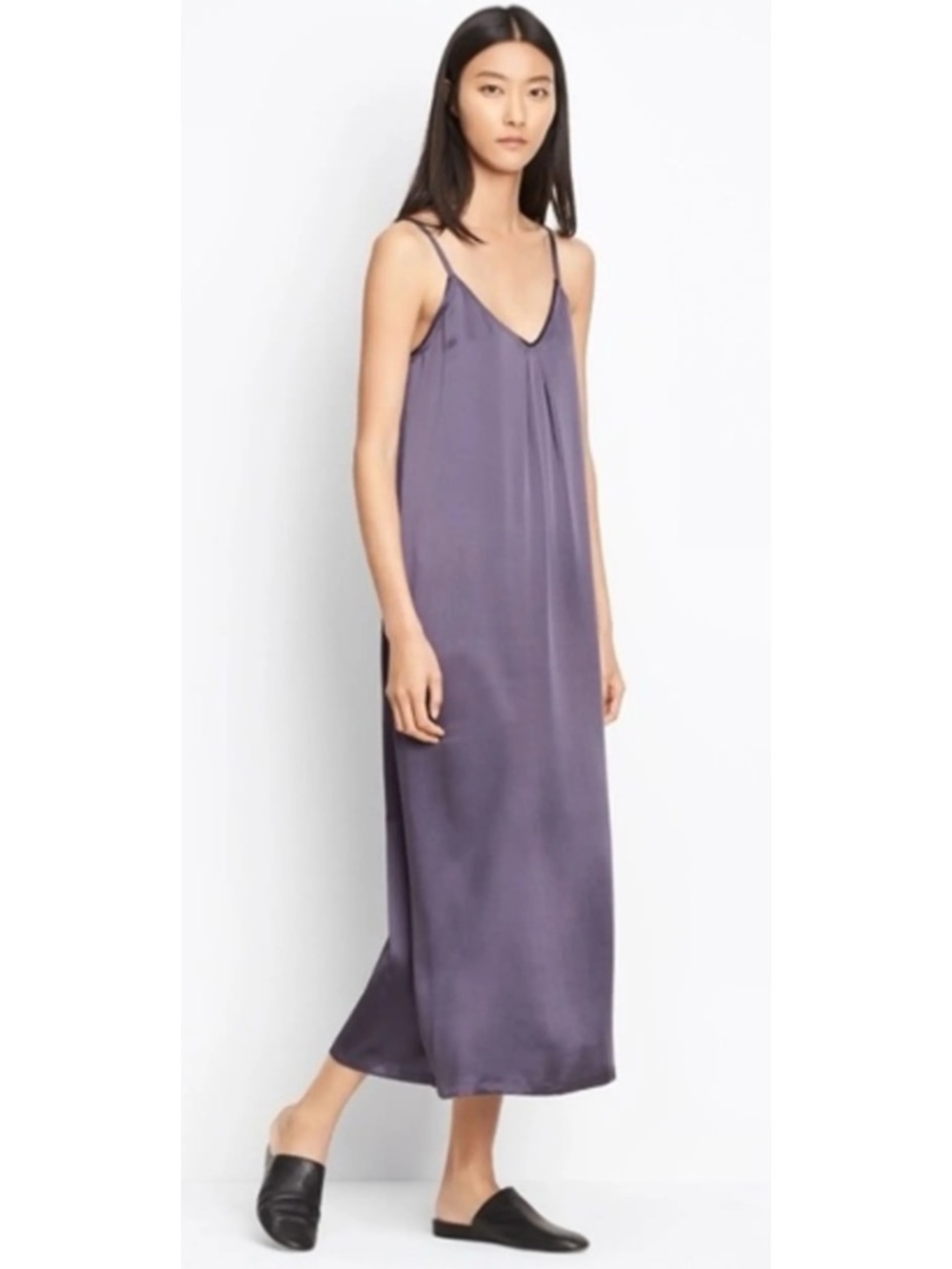 Vince Silk Slip Dress Midi Pleated V-Neck Purple Plum L NWT Beach Resort
